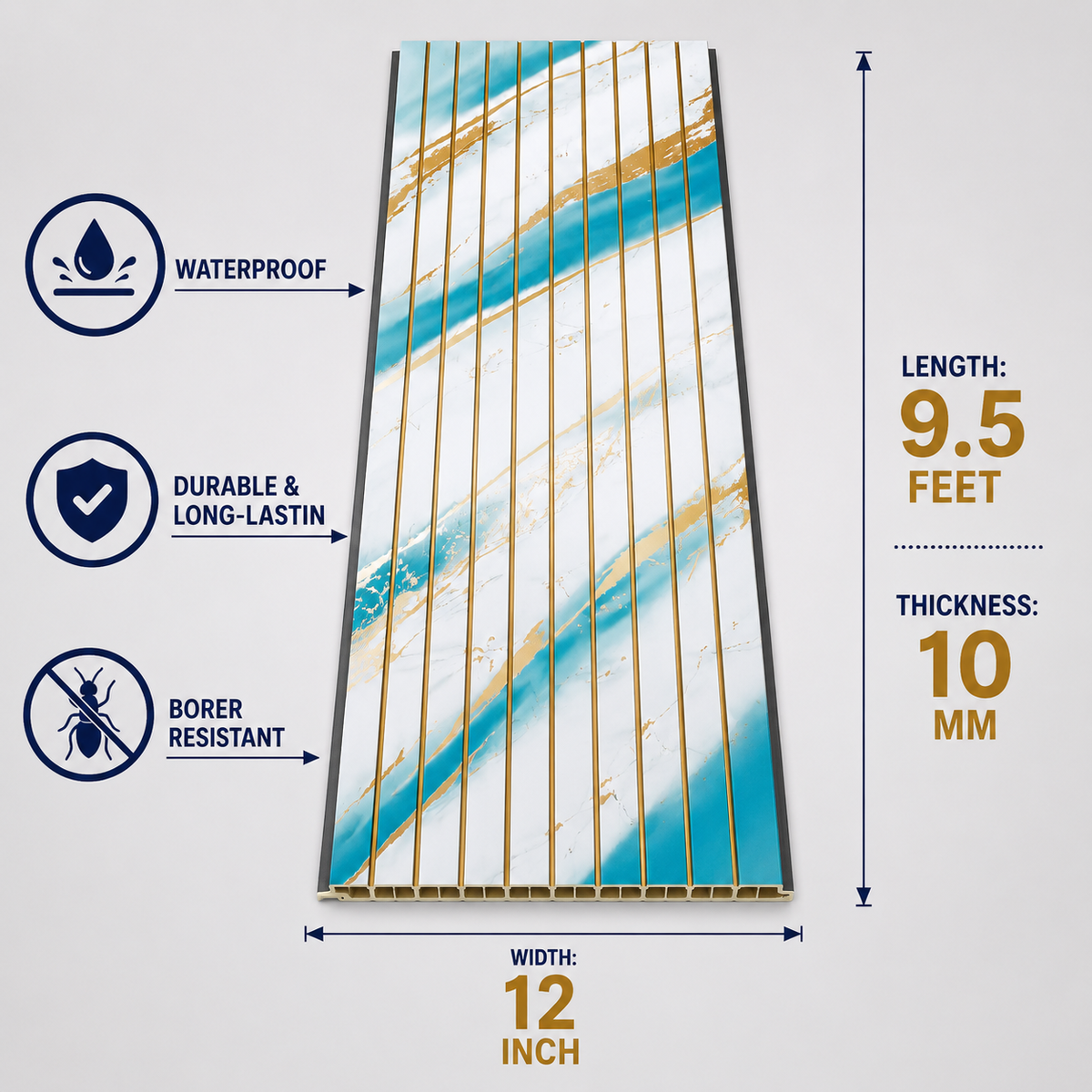 A 12-inch by 9.5-foot borer-resistant, waterproof solar panel sheet with a white background and blue and gold diagonal stripes, shown with dimension lines and feature icons on a light gray background.