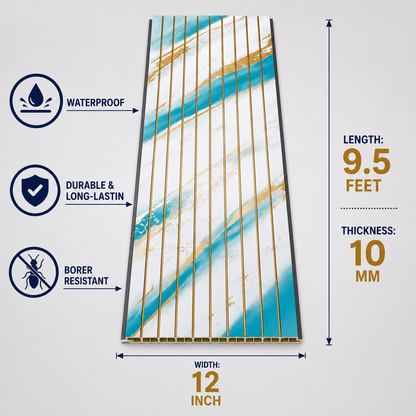 A 12-inch by 9.5-foot borer-resistant, waterproof solar panel sheet with a white background and blue and gold diagonal stripes, shown with dimension lines and feature icons on a light gray background.