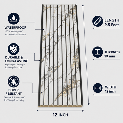 A tall slatted panel with a gray and white marble-look pattern and black vertical bars, shown on a light gray background with callout icons and text listing dimensions and features: length 9.5 feet, thickness 10 mm, width 12 inch, waterproof, durable, and borer resistant.