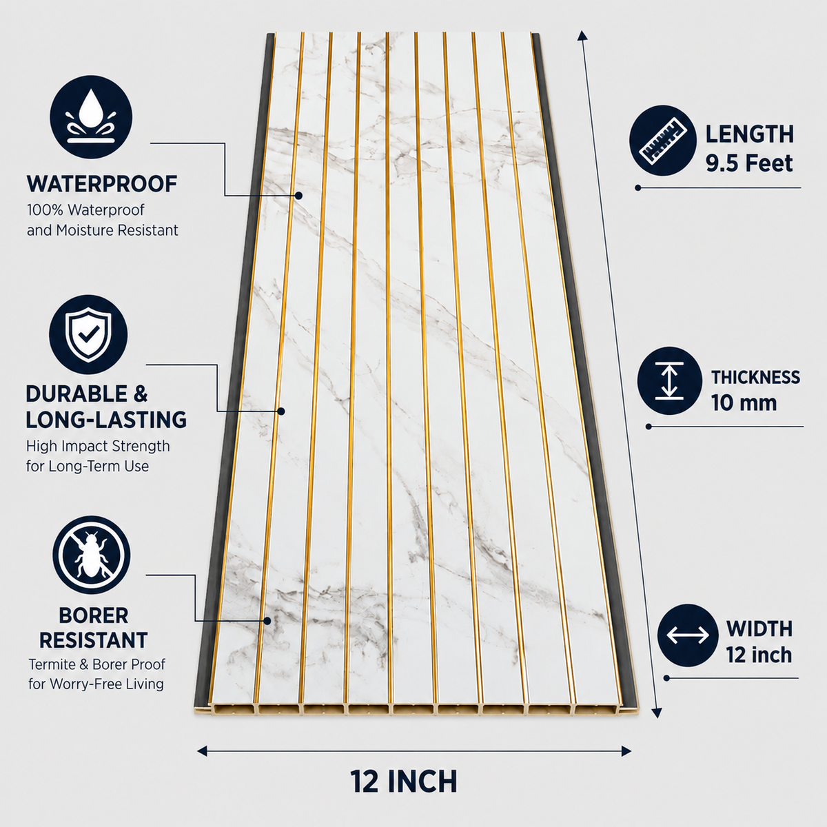 A dimension diagram of a 12-inch marble-look tile panel with gold-colored vertical grooves, showing measurements for length (9.5 feet), thickness (10 mm), and width (12 inch), along with feature callouts for waterproof, durable, and bororer resistance.