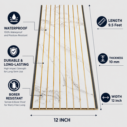 A dimension diagram of a 12-inch marble-look tile panel with gold-colored vertical grooves, showing measurements for length (9.5 feet), thickness (10 mm), and width (12 inch), along with feature callouts for waterproof, durable, and bororer resistance.