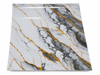 A square decorative tile or panel featuring a white marble pattern with dramatic black veining and metallic gold veins running diagonally across the surface.