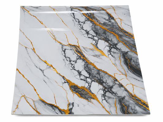 A square decorative tile or panel featuring a white marble pattern with dramatic black veining and metallic gold veins running diagonally across the surface.