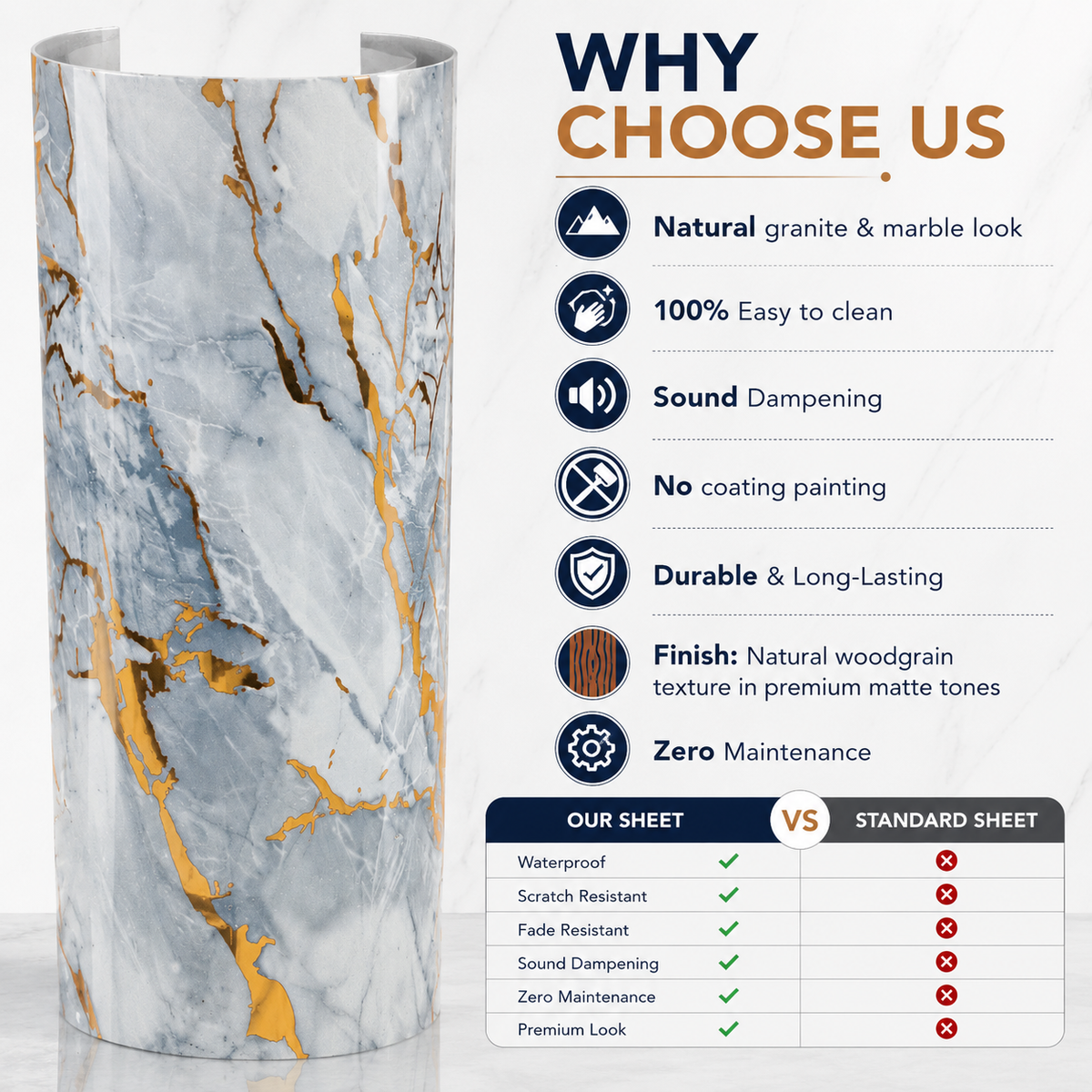 A tall cylindrical vase or planter with a white, gray, and gold marble pattern, shown next to a marketing infographic titled 'WHY CHOOSE US' with feature bullet points and a comparison table.