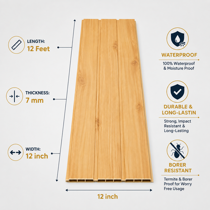 A 12-foot wood-look composite decking panel shown on a light gray background with dimension callouts and feature icons. The panel is light tan wood grain, 12 inches wide, 7 mm thick, and 12 feet long.