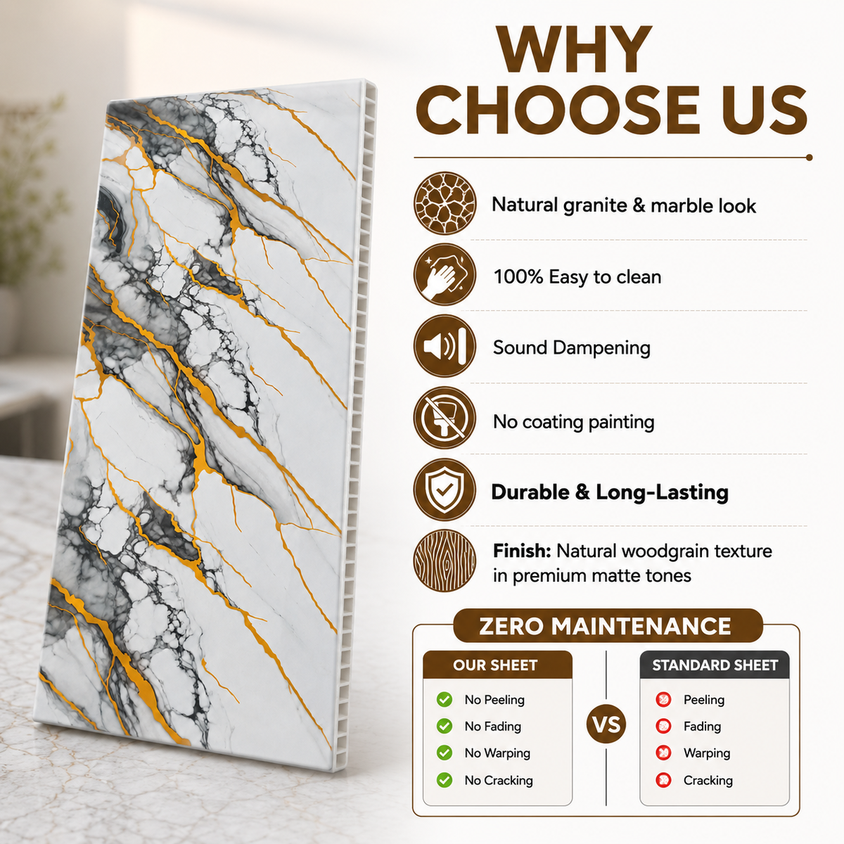 A rectangular panel with a white marble-look surface featuring gray veining and metallic gold veining, shown on a light gray background with callout icons and text listing dimensions and product features.