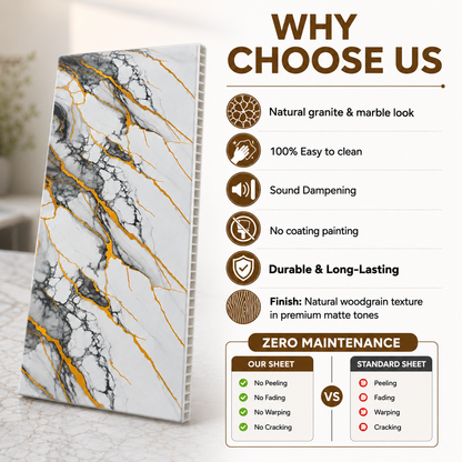 A rectangular panel with a white marble-look surface featuring gray veining and metallic gold veining, shown on a light gray background with callout icons and text listing dimensions and product features.