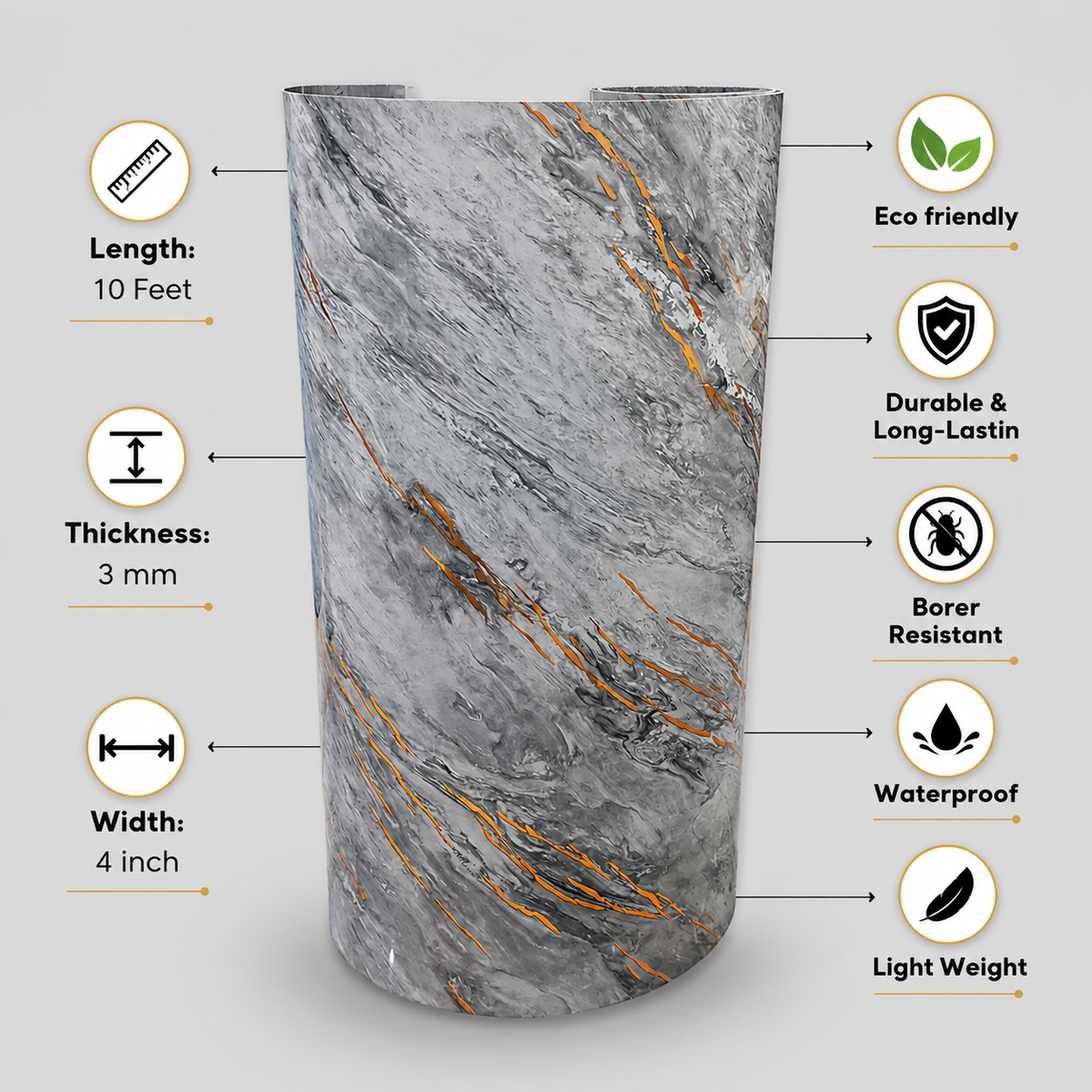 A gray marble-patterned cylindrical container with copper-gold veining, shown on a light gray background with callout lines listing dimensions and product features: length 10 feet, thickness 3 mm, width 4 inch, eco friendly, durable, borer resistant, waterproof, and light weight.