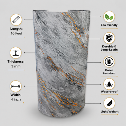 A gray marble-patterned cylindrical container with copper-gold veining, shown on a light gray background with callout lines listing dimensions and product features: length 10 feet, thickness 3 mm, width 4 inch, eco friendly, durable, borer resistant, waterproof, and light weight.